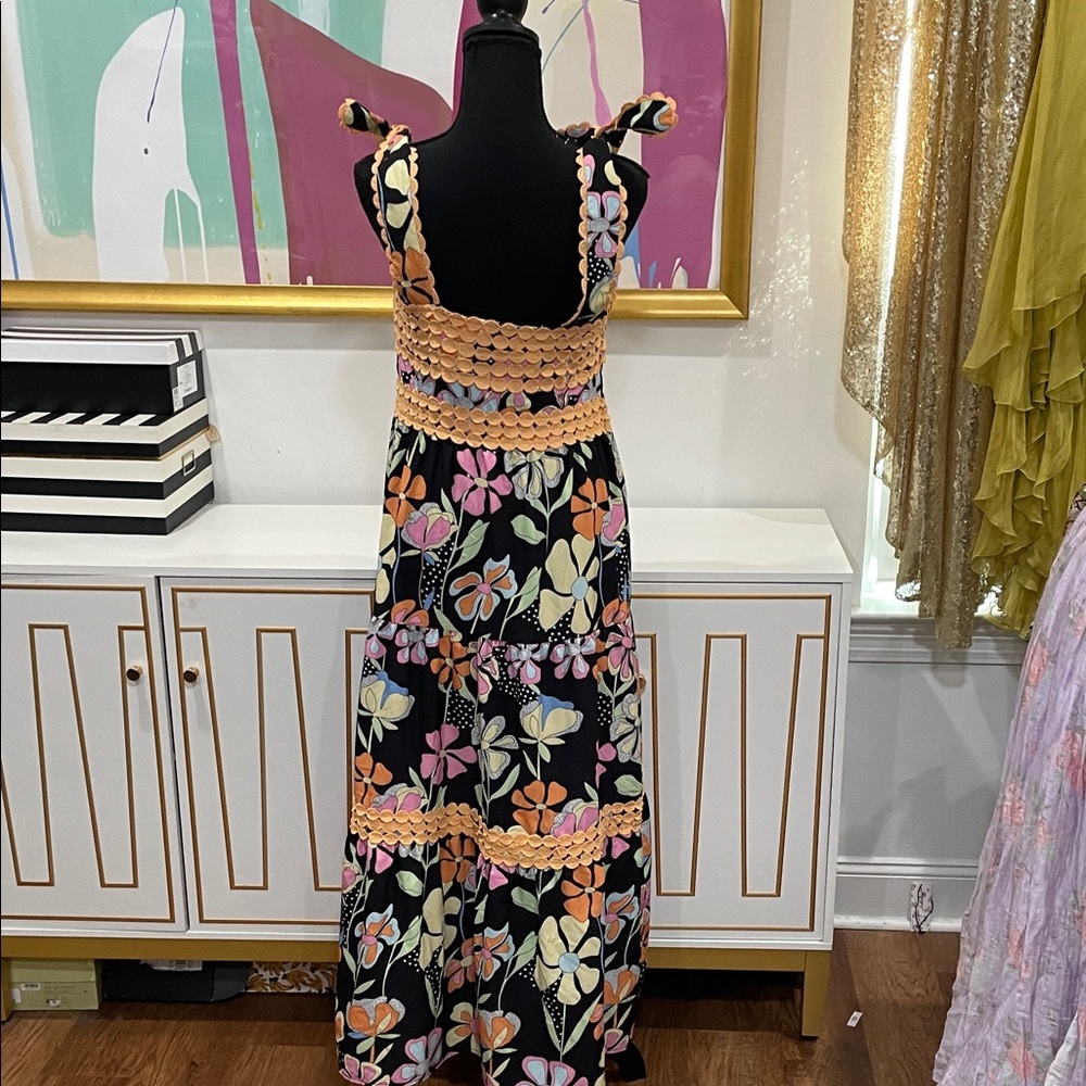Black Floral Maxi Dress with Peach Crochet Trim - Picture 3 of 3